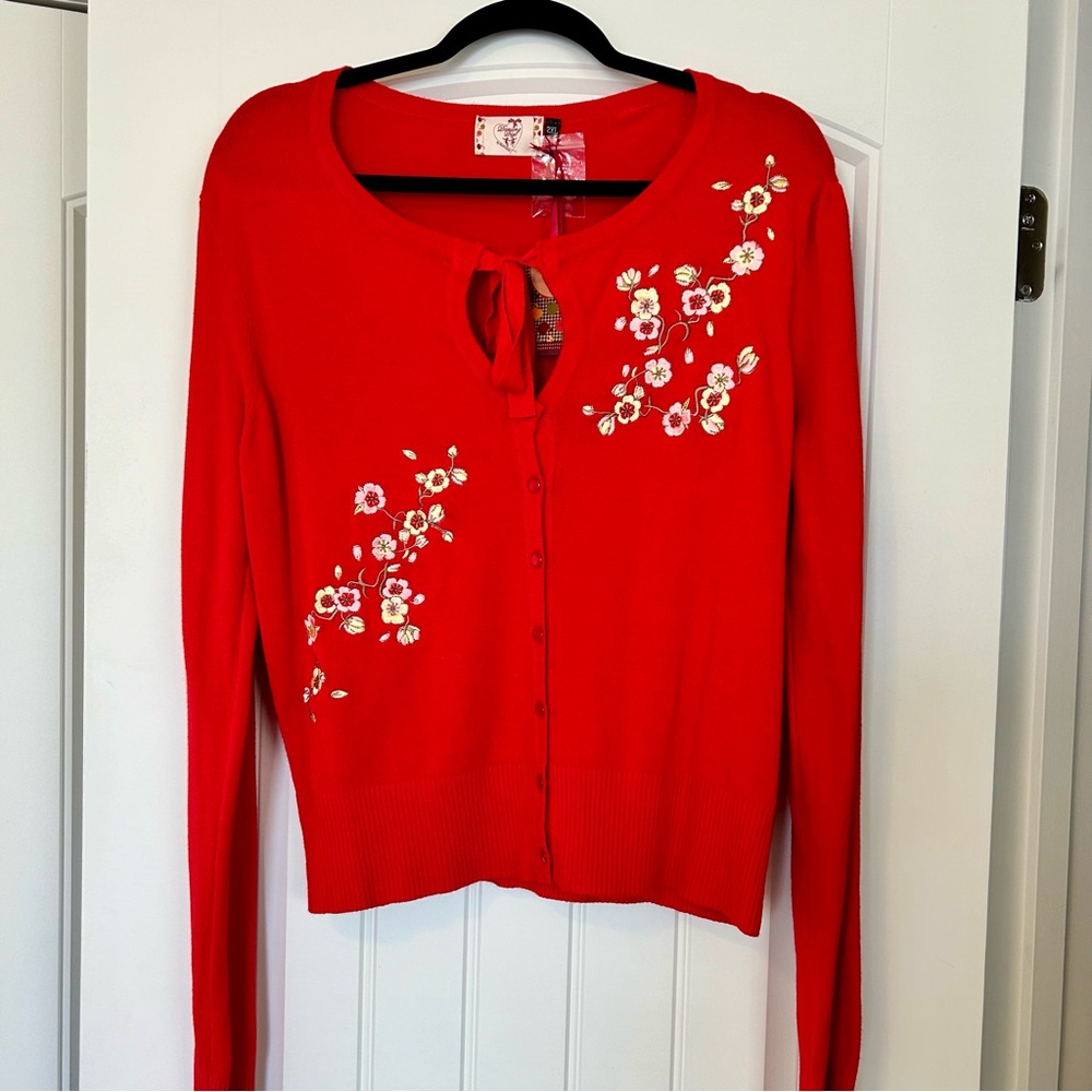 Red embroidered 50s pinup style cardigan